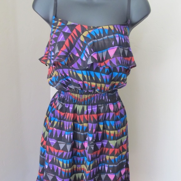 Colorful Silk TheCue Cher Qu Flounced Bodice and Hem Thin Strap Elasticized Mini - Picture 1 of 12